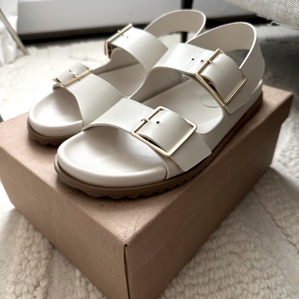 Anthropologie Cream Double-Buckle Platform Sandals